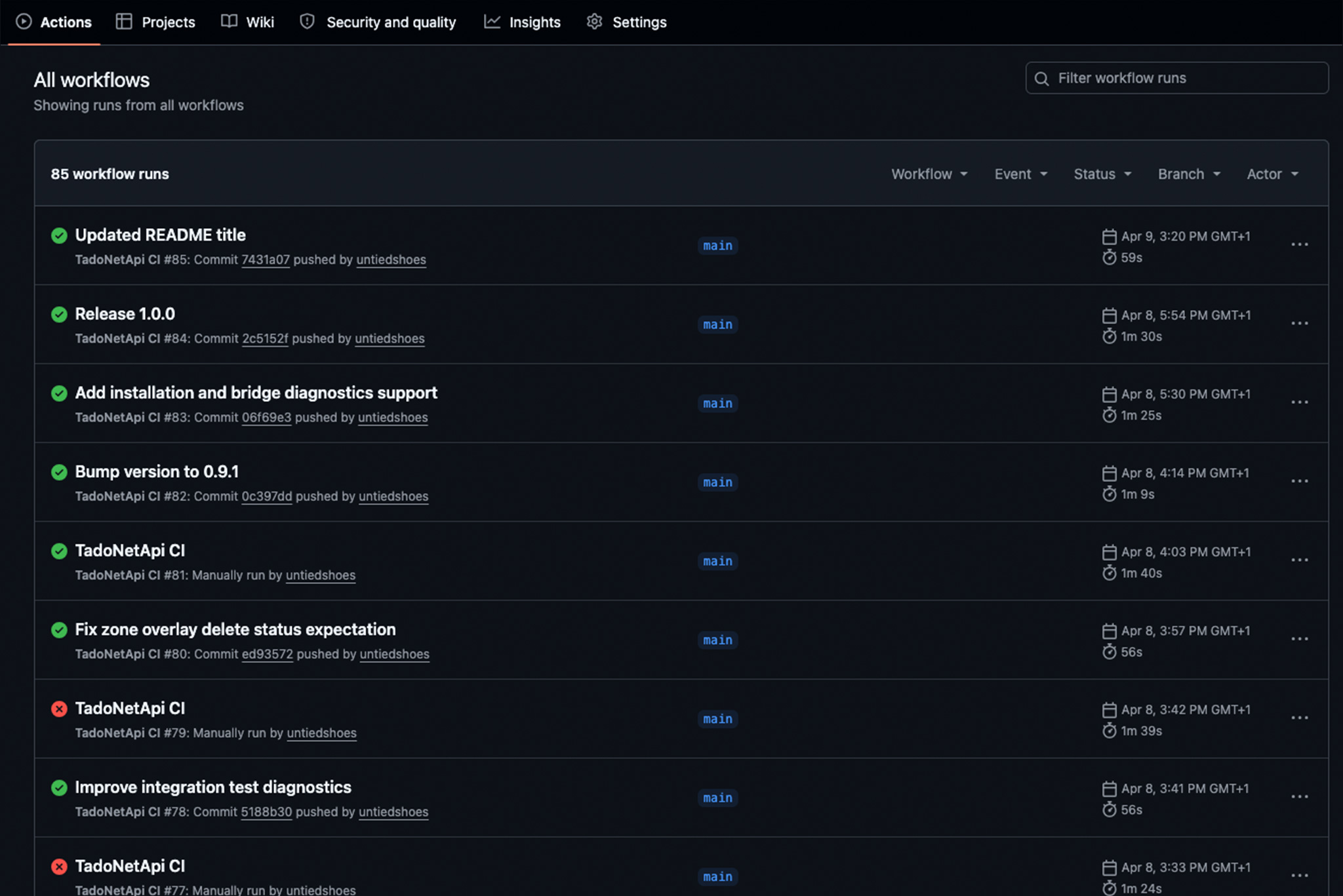 Tado .NET API GitHub workflow tests overview